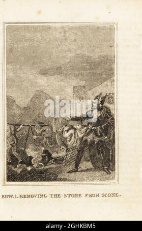 König Edward I. von England, der den Stein des Schicksals aus Scone Abbey, Schottland, entfernt und an Westminster Abbey, 1296 überführt hat. Kupferstich aus M. A. Jones’ History of England von Julius Caesar bis George IV., G. Virtue, 26 Ivy Lane, London, 1836. Stockfoto
