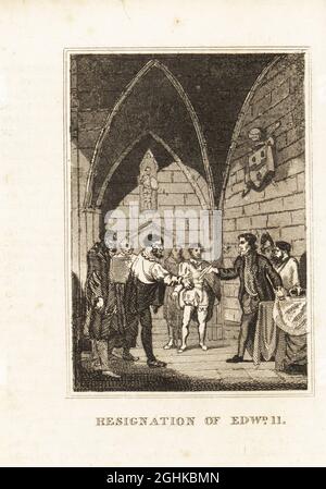 König Edward II. Wurde von Thomas, Graf von Lancaster, Bischöfen und Herren im Schloss Kenilworth, 1327 gezwungen, abzudanken. Rücktritt von König Edward II. Kupferstich aus M. A. Jones’ History of England von Julius Caesar bis George IV., G. Virtue, 26 Ivy Lane, London, 1836. Stockfoto