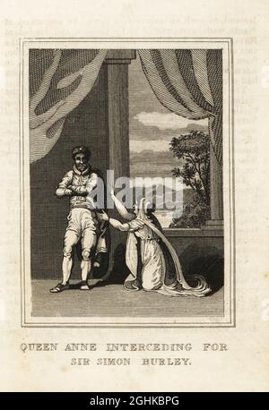 Anne von Böhmen plädierte im Namen von Sir Simon Burley bei König Richard II. Für seine Rolle im Bauernaufstand 1388. Königin Anne intervenieren für Sir Simon Burley. Kupferstich aus M. A. Jones’ History of England von Julius Caesar bis George IV., G. Virtue, 26 Ivy Lane, London, 1836. Stockfoto