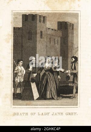 Lady Jane Gray vor ihrer Enthauptung wegen Hochverrats im Tower Green, Tower of London, 1554. Sir Thomas Brydges steht neben ihr mit dem Henker. Tod von Lady Jane Gray.. Kupferstich aus M. A. Jones’ History of England von Julius Caesar bis George IV., G. Virtue, 26 Ivy Lane, London, 1836. Stockfoto