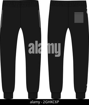 Fleece Stoff schwarz Farbe Jogger Jogginghose technische Mode flache Skizze Zeichnung Vektor Vorlage Vorder- und Rückseite Ansichten isoliert auf weißem Hintergrund. Stock Vektor