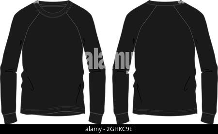 Langarm Raglan schwarz Farbe Sweatshirt insgesamt technische Mode flach Skizze Vektor Vorlage Vorder-und Rückansicht isoliert auf weißem Hintergrund. Stock Vektor