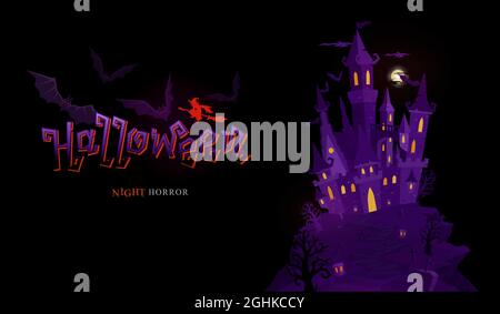 halloween Banner Feier mit Typografie Design und Burg Grafik Kunst und Horror Element Konzept isoliert auf schwarzem Hintergrund Stock Vektor