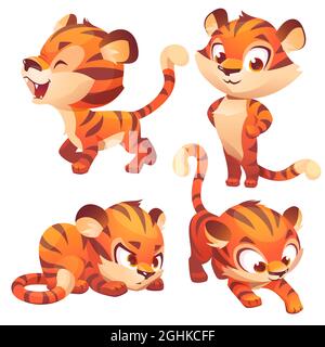 Tiger cub niedlichen Cartoon-Charakter Jagd, slink und brüllen. Lustige Tier Maskottchen stehen mit Waffen akimbo. Kawaii wild Baby Kätzchen mit lächelndem Fang und gestreifter Haut, Vektor-Illustration, isoliertes Set Stock Vektor
