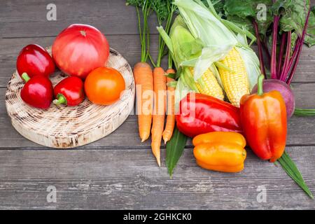 Die im Gartenbeet gewachsene Herbsternte liegt auf einem Holztisch. Tomaten, Karotten, Paprika und Mais mit Rüben, natürliches Gemüse, Bio Stockfoto