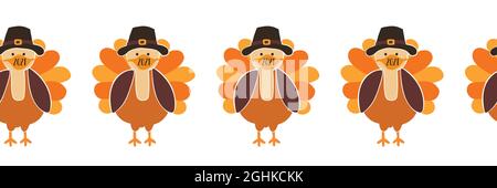 Thanksgiving Türkei trägt eine Gesichtsmaske nahtlose Vektor-Grenze. Truthähne mit Coronavirus-Muster. Covid 19 Virus Herbst Kunst für Urlaub 2021 Stock Vektor