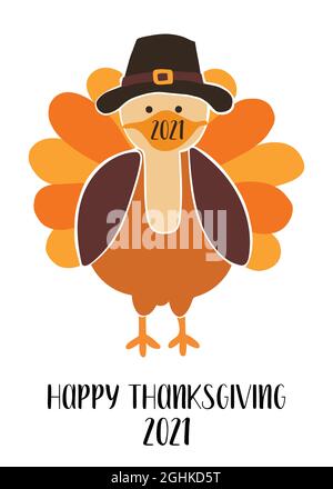 Grußkarte Vorlage Thanksgiving 2021. Vollständig editierbare Vektorgrafik. Die Türkei trägt eine Gesichtsmaske, die die soziale Distanzierung der Covid-Pandemie darstellt. Tragen Sie eine Maske Stock Vektor