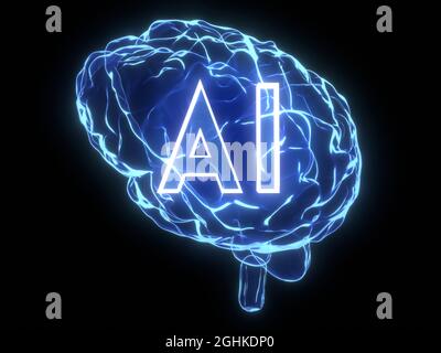 Künstliche Intelligenz, menschliches Gehirn - 3D-Illustration Stockfoto