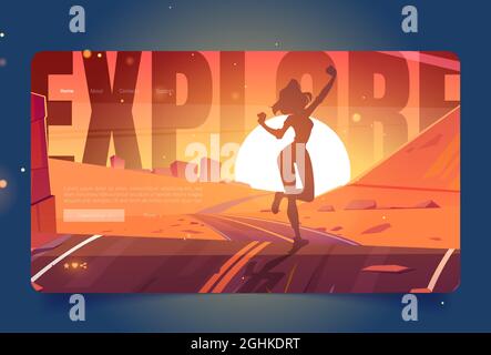 Erkunden Cartoon Landing Page, glückliche Frau genießen Reisen, posiert Mädchen Silhouette auf Sonnenuntergang Landschaft Hintergrund mit Autobahn geht in die Dämmerung Sonne. Tourist oder Reisende Abenteuer, Reise, Vektor-Web-Banner Stock Vektor