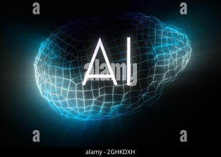 Konzept der künstlichen Intelligenz - Geometrisches menschliches Gehirn - 3D-Illustration Stockfoto