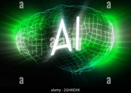 Konzept der künstlichen Intelligenz - Geometrisches menschliches Gehirn - 3D-Illustration Stockfoto