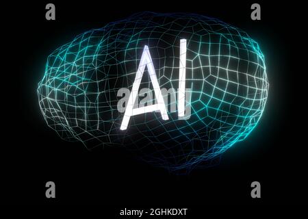 Konzept der künstlichen Intelligenz - Geometrisches menschliches Gehirn - 3D-Illustration Stockfoto