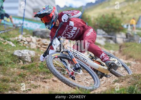 Lenzerheide, Schweiz. 3. September 2021. Luca Shaw USA von SANTA CRUZ SYNDICATE während der Downhill Qualifikation der Herren am UCI Mountain Bike We Stockfoto