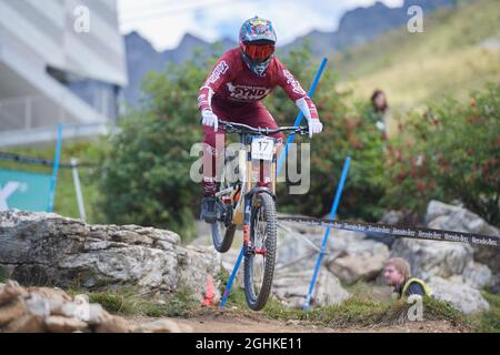 Lenzerheide, Schweiz. 3. September 2021. Luca Shaw USA von SANTA CRUZ SYNDICATE während der Downhill Qualifikation der Herren am UCI Mountain Bike We Stockfoto