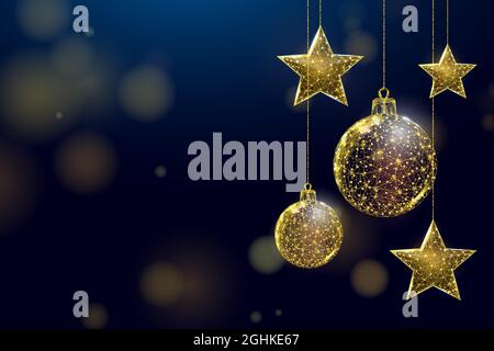 Wireframe Gold Sterne und Kugeln, Low-Poly-Stil. Banner für das Konzept von Weihnachten oder Neujahr mit einem Platz für eine Inschrift. Abstrakt modernes 3d ve Stock Vektor