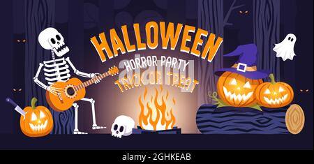 Halloween Party horizontales Banner mit Skelett und lustigen Kürbissen Stock Vektor