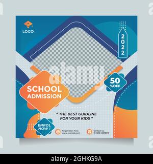 Kreatives Konzept Schulbildung Zulassung Social Media Post Und Banner Vorlage . Moderner Vektor in blauem Orange mit quadratischen Motiven und Einem Bildplatzhalter Stock Vektor