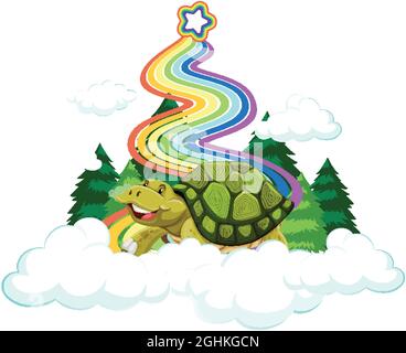 Eine Schildkröte, die auf der Wolke sitzt, mit Regenbogen auf weißem Hintergrund Stock Vektor