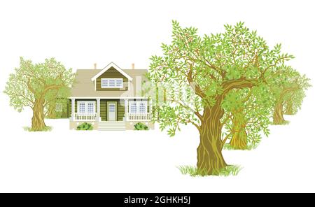 Landhaus zwischen Bäumen isoliert auf weiß, Illustration Stock Vektor