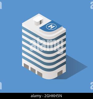 Isometrisches Gebäude mit Hubschrauberlandeplatz auf dem Gebäude. Vektorgrafik Stock Vektor