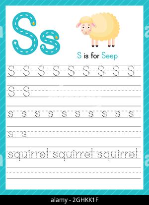 Trace Letter S Groß- und Kleinschreibung. Alphabet Tracing Praxis Vorschule Arbeitsblatt für Kinder Englisch lernen mit niedlichen Cartoon Tier. Aktivität pag Stock Vektor