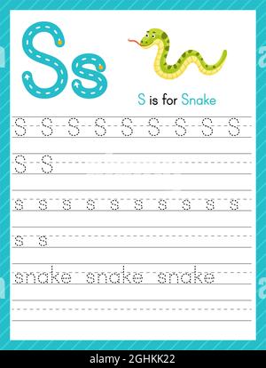 Trace Letter S Groß- und Kleinschreibung. Alphabet Tracing Praxis Vorschule Arbeitsblatt für Kinder Englisch lernen mit niedlichen Cartoon Tier. Aktivität pag Stock Vektor