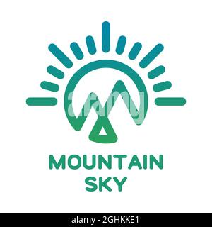 Logo „Mountain Sky“. Grün blaue Hügel, Himmel und Sonne Linie Symbol. Berggipfel lineares Symbol. Sonnenaufgang auf dem Berggipfel. Wandern, Bergsteigen. Vektor Stock Vektor