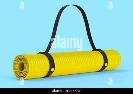 Gelbe Yogamatte oder leichte Schaumstoff-Campingbett-Rollauflage isoliert auf blauem Hintergrund. 3d-Rendering von Sportgeräten für Fitness, Yoga und Active Wor Stockfoto