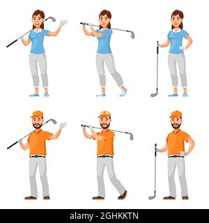 Männliche und weibliche Golfer in verschiedenen Posen. Mann und Frau im Cartoon-Stil. Stock Vektor