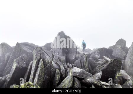 Wanderer, die im Nebel auf felsigem Gelände um den Glyder-Fach-Gipfel, Cwm Idwal, Snowdonia, Wales, Großbritannien, wandern Stockfoto