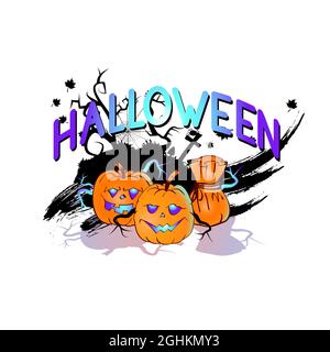 Halloween-Illustration mit lächelnden Kürbissen, Tasche und Schriftzug auf weißem Hintergrund. Cartoon-Stil. Stock Vektor