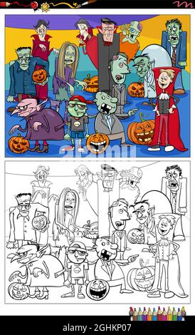 Cartoon Illustration von Halloween oder Fantasie beängstigend Comic-Figuren Gruppe Färbung Buch Seite Stock Vektor