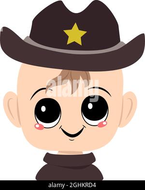 Avatar eines Kindes mit großen Augen und einem breiten Lächeln in einem Sheriffhut mit einem gelben Stern. Niedliches Kind mit einem fröhlichen Gesicht in einem Karnevalskostüm. Kopf von entzückenden Baby mit glücklichen Emotionen Stock Vektor