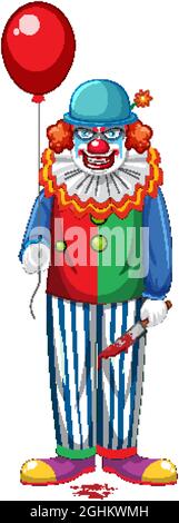 Gruseliger Clown hält Ballon auf weißem Hintergrund Illustration Stock Vektor