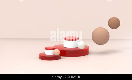 Kosmetik Podium Hintergrund. Kosmetik-Produkt Bühne mit Hautpflege-Creme Gläser, mit schwebender texturierter Creme Blasen in weißen und beigen Tönen. Well Stockfoto