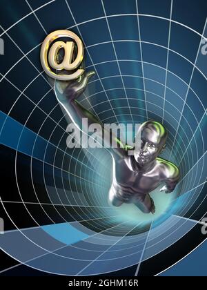 Ein metallisches android fliegt in einem digitalen Tunnel und hält ein E-Mail-Symbol in der Hand. Digitale Illustration. Stockfoto