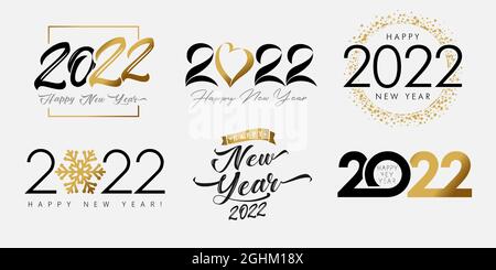 Großes Set aus 2022 Happy New Year Logo, Gold & schwarzer Schriftzug mit Herz, Schnee, Band und Glitzer. Luxuriöse Grafik-Zahlen-Design-Vorlage für Kalender Stock Vektor