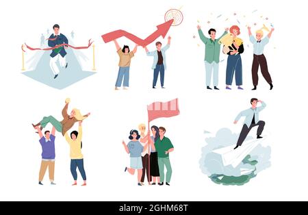 Flache Cartoon glückliche Charaktere, grafische Metaphern für gute Teamarbeit und Erfolg zu erreichen, Vektor-Illustration Konzept Stock Vektor