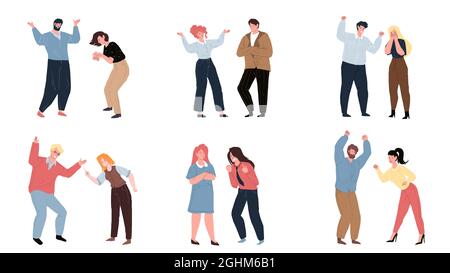 Flache Cartoon streitende Charaktere in aggressiver Stimmung gesetzt, Konflikt Szene Vektor Illustration Konzept Stock Vektor