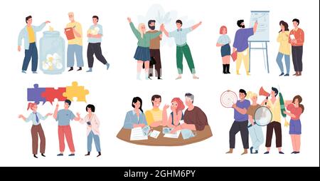 Flache Cartoon glückliche Charaktere, grafische Metaphern für gute Teamarbeit und freundliche Arbeitsumgebung, Vektor-Illustration Konzept Stock Vektor