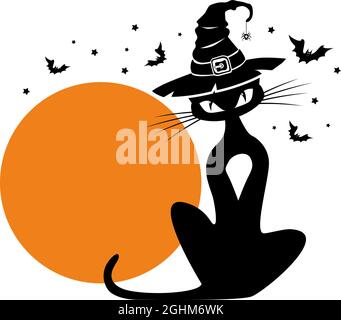 Schwarze Katze im Hexenhut vor dem Hintergrund eines orangen Vollmondes. Halloween-Vorlage zur Dekoration von Flyer, Einladung, Grußkarte. Vektor ein