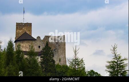 Unheimliche Landschaft des Schlosses Niedzica in Polen an einem bewölkten Tag Stockfoto