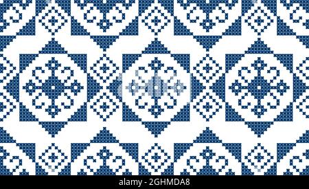 Zmijanjski vez Traditionelles Kreuzstich-inspiriertes Vektor-Nahtloses Muster - Textil- oder Stoffdruck Folk Art Design in Marineblau aus Bosnien und Herzeg Stock Vektor