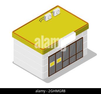 Isometrisches Gebäude eines kleinen Lebensmittelladens. An der Tankstelle einkaufen. Realistischer 3d-Vektor auf weißem Hintergrund isoliert Stock Vektor