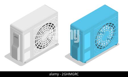 Isometrische externe Klimaanlage mit Ventilator. Raumkühlung und Heizung. Aufrechterhaltung einer angenehmen Temperatur im Büro. Realistische 3D-Vektorisolate Stock Vektor