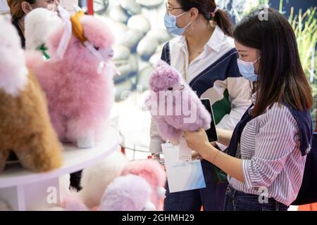 Peking, China. September 2021. Besucher sehen Plüschtiere auf dem Stand von Peru während der China International Fair for Trade in Services (CIFTIS) 2021 in Beijng, Hauptstadt von China, am 6. September 2021. Quelle: Wang Tiancong/Xinhua/Alamy Live News Stockfoto