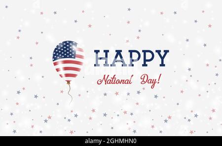 Patriotisches Plakat zum Nationalfeiertag der USA. Fliegender Gummiballon in den Farben der amerikanischen Flagge. USA National Day Hintergrund mit Ballon, Konfetti, Stars, Bo Stock Vektor