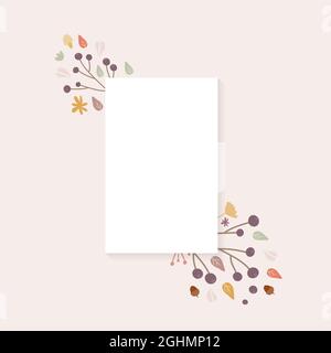 Herbsthintergrund. Handgezeichnete Elemente Rahmen mit herbstlichen Farben auf cremefarbenen Hintergrund. Früchte, Samen, Blumen, Blätter, Pilze, Ast, Eicheln um Stock Vektor