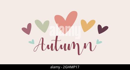 Herbsthintergrund. Handgezeichnete Herzen. Herbstfarben auf cremefarbenem Hintergrund. Vektorgrafik, flaches Design Stock Vektor