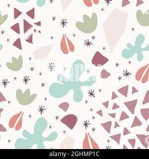 Nahtloses Muster in Herbstfarben auf weißem Hintergrund. Abstrakte und natürliche Formen, Blumen, Früchte, Samen. Vektorgrafik, flaches Design Stock Vektor